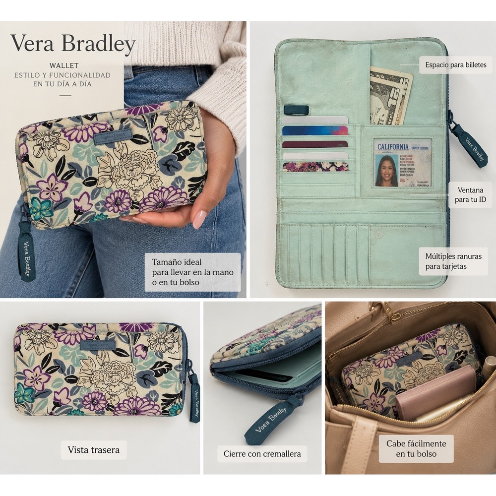 Vera Bradley Floral Quilted Zip Around Tri-Fold Wallet Purple Teal
